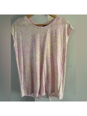TAHARAI 100% LINEN SHORT SLEEVED POP OVER SUMMER TOP PASTEL LEAF PATTERN  SMALL